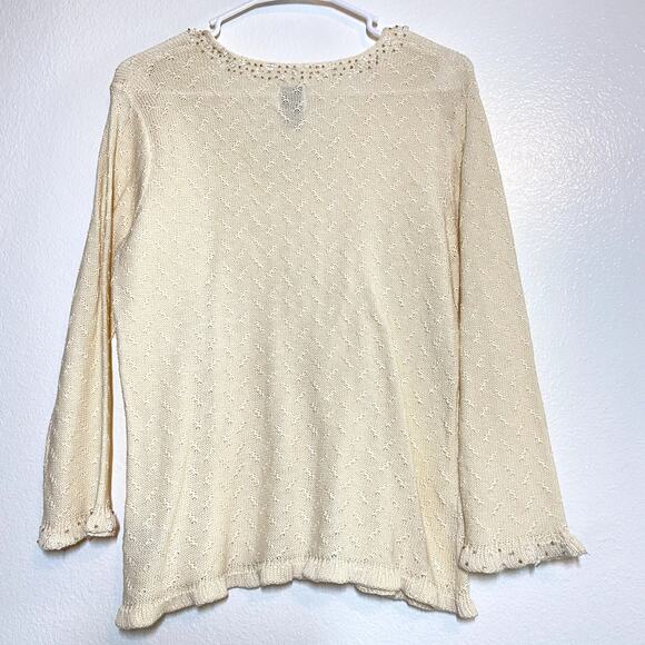 Clare Icelandic Design Sweater Pullover Embellished Collar Cotton Knit Cream M - Picture 4 of 4